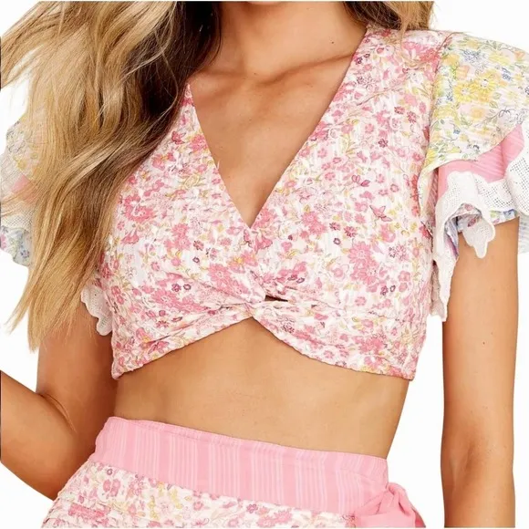 LoveShackFancy Kielle Crop Top Size Medium Pink Floral Twist Front Ruffle Sleeve - Image 4