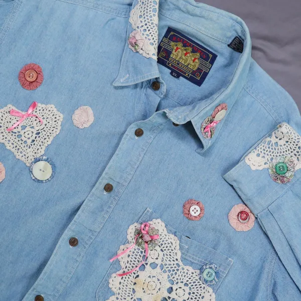 Vintage Chaps Ralph Lauren Denim Shirt XL Custom Handmade Lace Cottagecore‎ DIY - Image 2