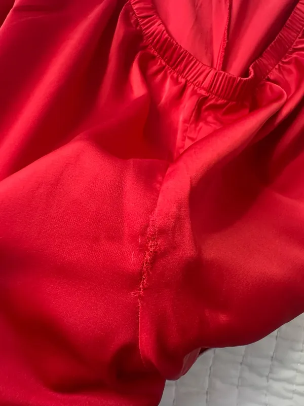 Ekouaer Bedtime Stories Red Satin Short-Sleeve Pajama Set with White Piping in Size M - Image 16
