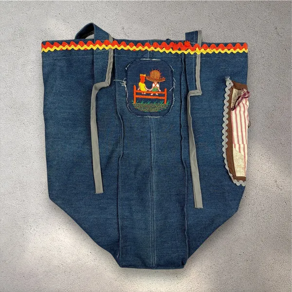 2000s Handmade Patchwork Denim Tote Bag Cottagecore Autumn Whimsy Thanksgiving - Image 3