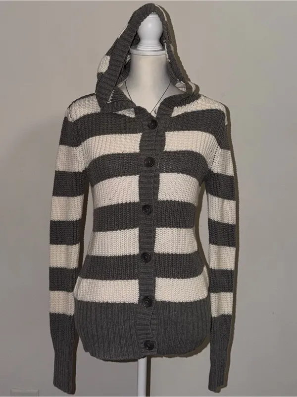 2000s vintage style 2011 aeropostale gray and white striped hooded knit cardigan - Image 2