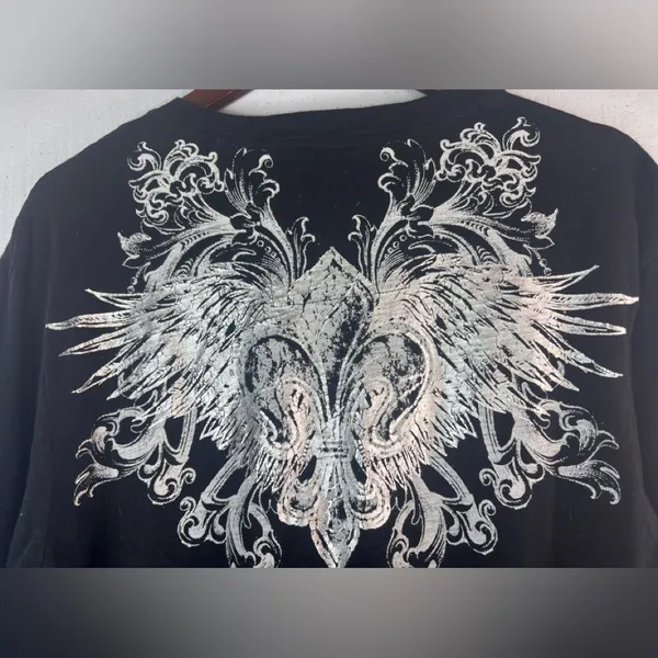 Guess L Black Long Sleeve Affliction Style Tee Top with Ornate Design - Image 4