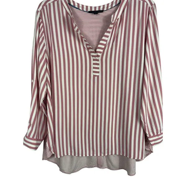 Jane & Delancey Womens 2X Pink White Striped Rayon Blouse Roll Tab High Low Top - Image 3