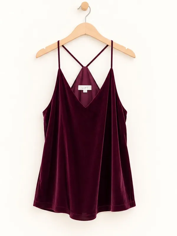 LOFT Burgundy Wine Velvet Racerback V-Neck Camisole Flowy Evening Dress Tank Top - Image 4