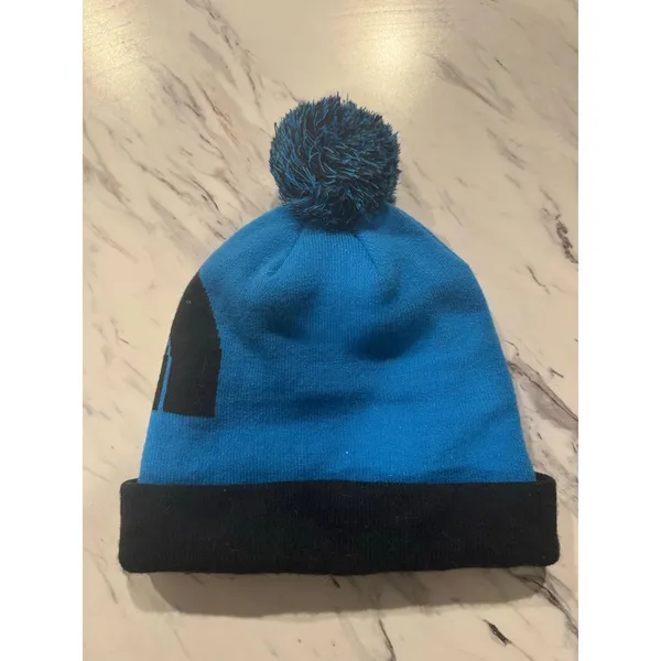 The North Face Pom Beanie Blue Black Logo Cuffed‎ Knit Winter Hat Adult One Size - Image 3