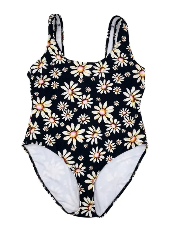 No Boundaries High Leg One Piece Swimsuit Size XL Black Daisy Floral Print 90s - Image 3