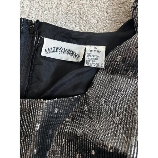 Vintage 80s Prom Lizzy & Johnny Dress Silver Black Metallic Velvet Whimsigoth - Image 3