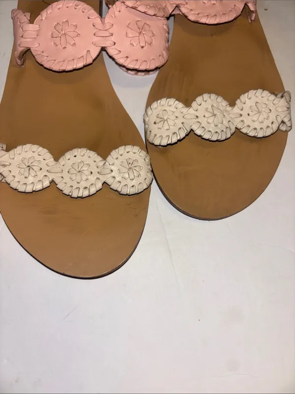 Jack Rogers Pink And Off White Leather Straps Floral Design Size 7.5 Preloved - Image 5