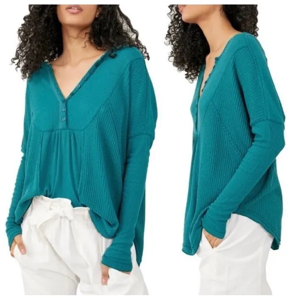 Free People Waffle Knit Leo Henley Tee In Teal Green‎ Oversized Size Medium - Image 2