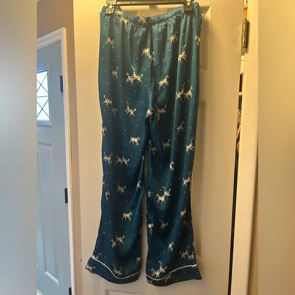 LOFT Teal Satin Sleep Pants with White & Black Zebra Print | Size Small - Image 5
