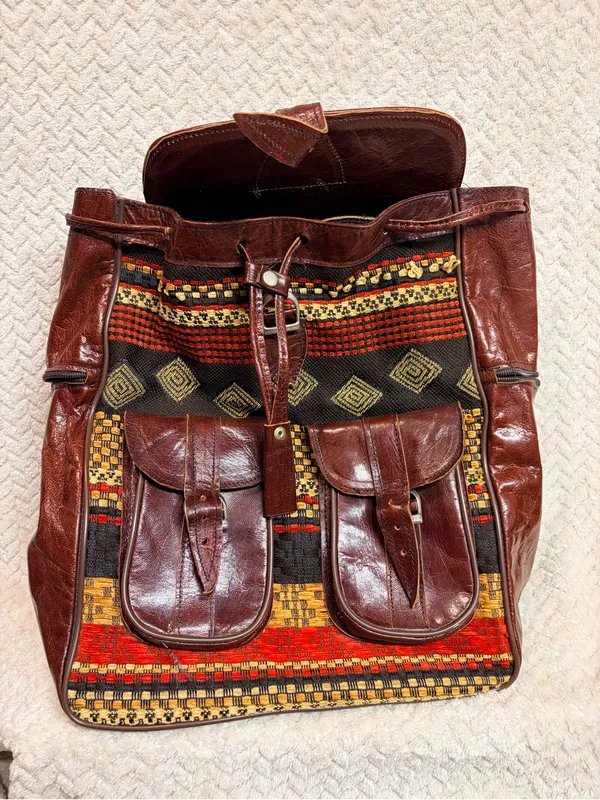 Vintage Vrai Cuir Leather‎ Tapestry Backpack - Boho Moroccan Handcrafted Bag - Image 2