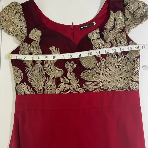 Mango Suit Burgundy Gold Embroidered Evening Gown Fits Medium - Image 9