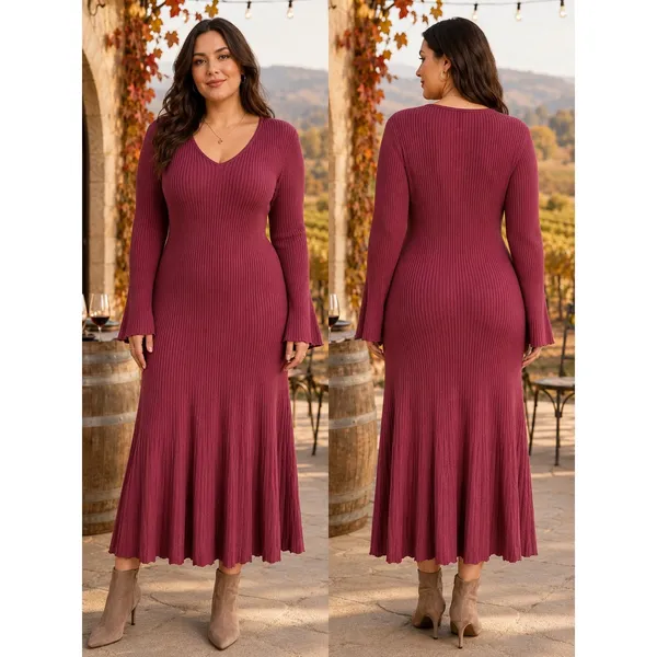 Edited x Hunter McGrady Ribbed Flare Sweater Dress Womens XL Burgundy Wine - Image 2