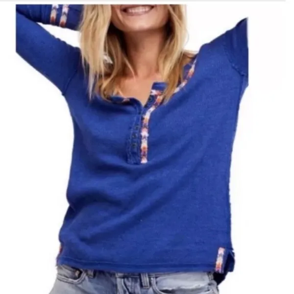 Free People "We the Free" Blue Rainbow Embroidered Henley Thermal Top size S - Image 5