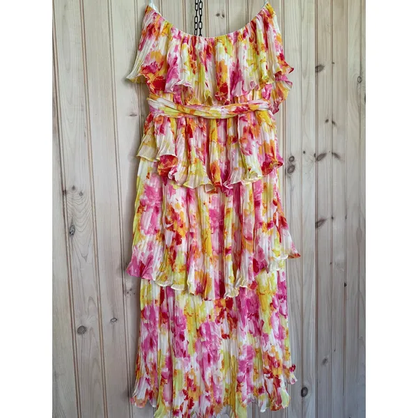 NWT Lulus Nessa Yellow and Pink Abstract Plisse Tiered Midi Dress Colorful Sz XL - Image 7