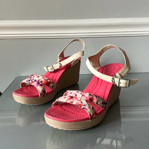 Crocs Women’s Floral Wedge Sandals Pink Cream Ankle Strap Comfort Size W11 - Image 2