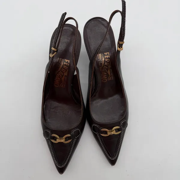 Salvatore Ferragamo Acribia Slingback Kitten Heels Chocolate Brown Gold 7.5 - Image 8