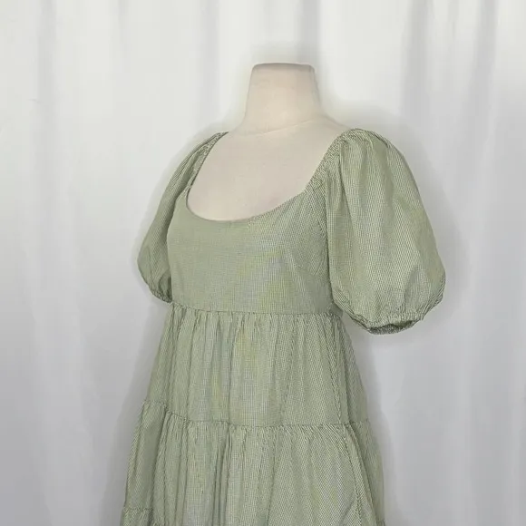 NIA Silvana Green White‎ Gingham Babydoll Dress Tiered Mini Summer Puff Medium - Image 5