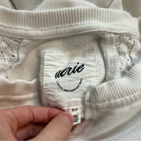Aerie Hey Crochet Lace Trim Notch Neck Sweatshirt White Small - Image 9