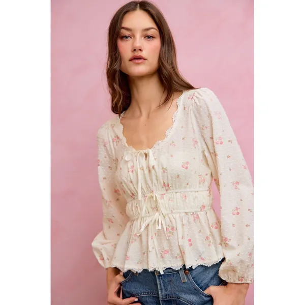 SO ME Floral Clip Dot Lace Trim Ruched Bodice Blouse - White - Medium - Image 15