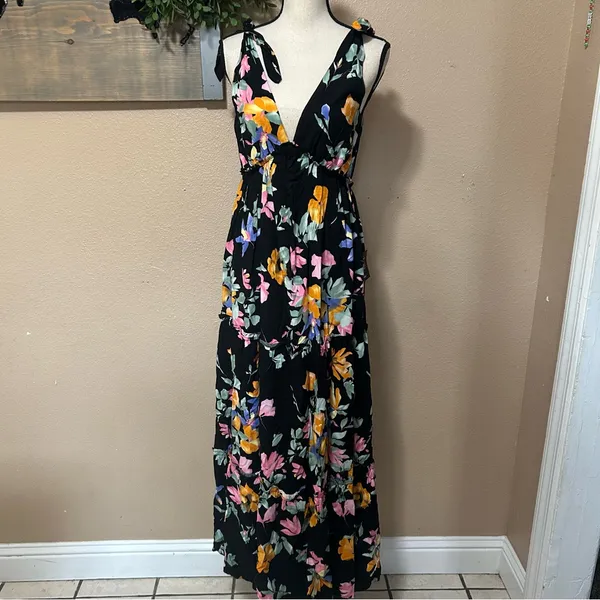 Lulus Beloved Bae Black Floral Print Tie-Strap Tiered Maxi Dress - Image 3
