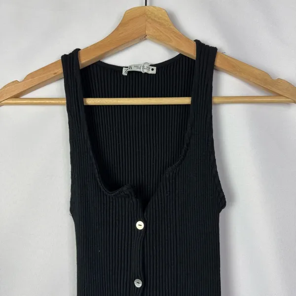 Zara Black Ribbed Bodycon Button Front Midi‎ Dress S - Image 3
