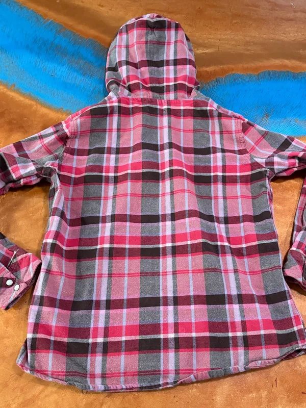 Carhartt Pearl Snap Hooded Pink Red Brown Plaid Cotton Flannel Shirt Medium - Image 8