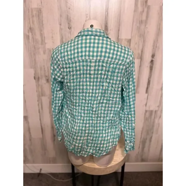 Maurices Turquoise Blue Gingham Plaid Button Down Shirt Womens Size Medium M Lon - Image 4