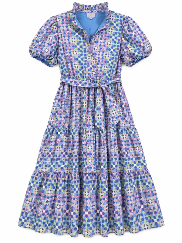 SSYS Athena Puff Sleeve Belted Midi Dress Womens Large Blue Geometric NWOT - Image 4