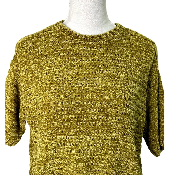 Open Edit Gold Olive Green Cropped Sweater Short Sleeve Knit Top S. NWT Textured - Image 4