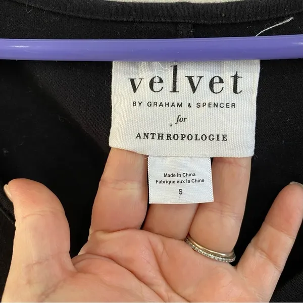 Anthropologie Velvet Puff Sleeve V-Neck Black Cotton Mini Dress Size Small‎ - Image 5