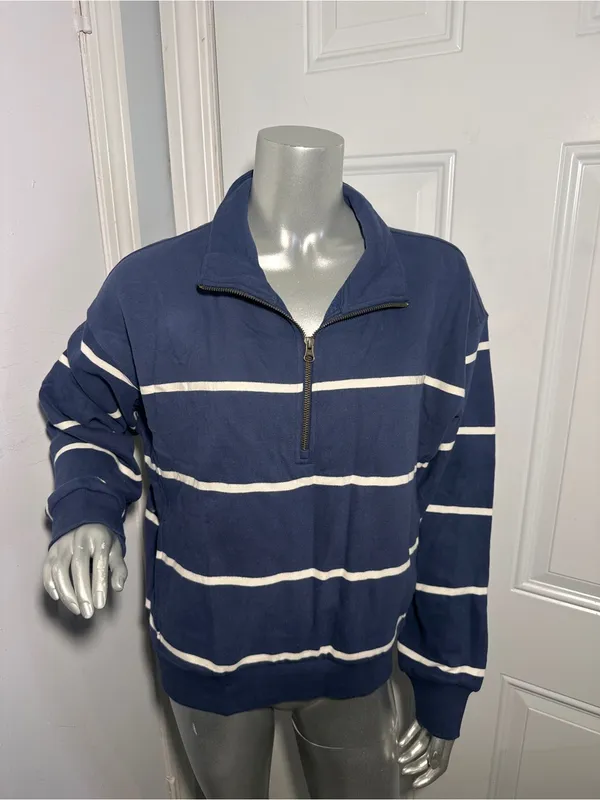 Marine Layer Cloud 9 Fleece Half Zip Sweatshirt NWT Size Large Navy Blue Stripe - Image 5