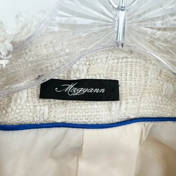 Magyann Cream Boucle Fringe‎ Trim Jacket Blazer Blue Trim Size XS Women's - Image 4