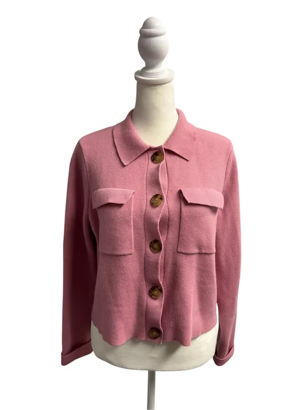 Sézane Betty Knit Long Sleeve Cardigan Merino Wool Rose Los Angeles Pink Medium - Image 2