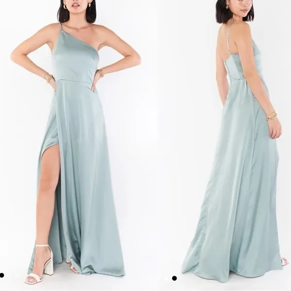 Show Me Your‎ MuMu NWT Shannon One Shoulder Dress Light Green Silver Satin Sz XS - Image 2