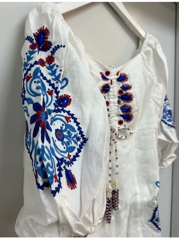 FARM Rio Off-White Navy Embroidery Mini Dress S - Image 2