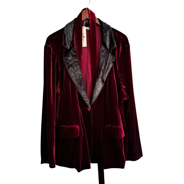 Agnes Orinda Womens 3X Burgundy Velvet Blazer Metallic Glitter Lapel Jacket NEW - Image 2