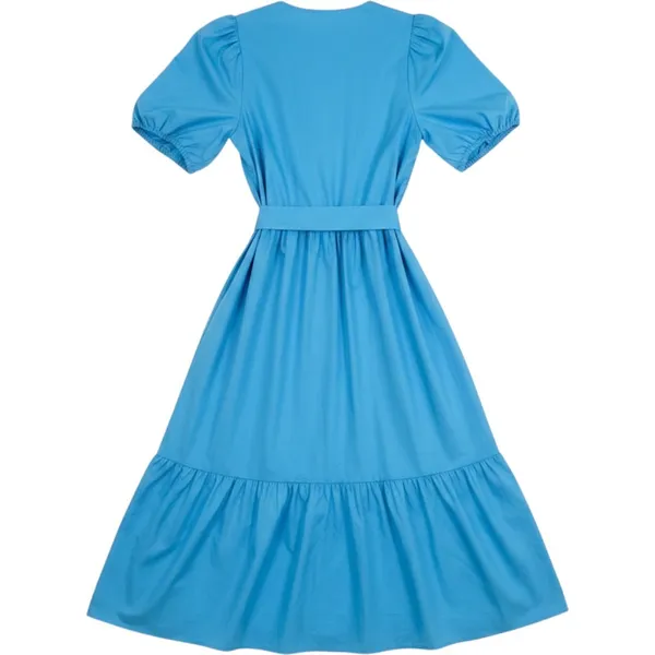 Greylin Blue‎ Cotton Wrap Midi Dress Puff Sleeve Tiered Pockets M Cottagecore - Image 2