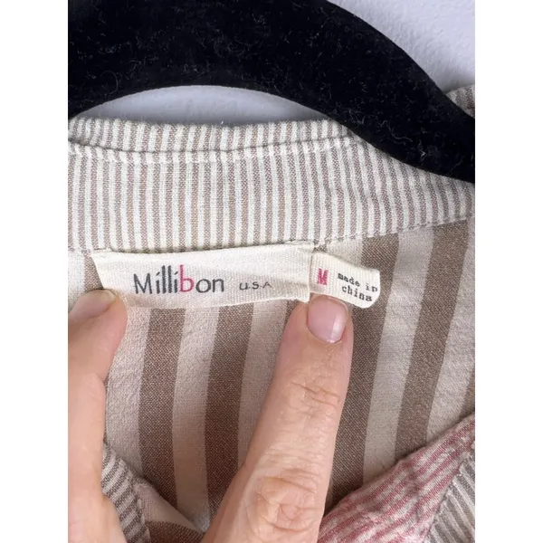 Millibon Linen Cotton Patchwork Stripe Button Shirt Raw Hem Hi Low Oversized M - Image 2