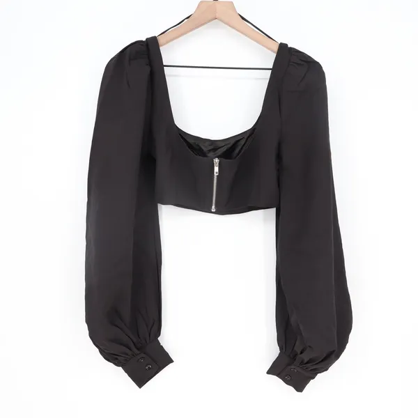 Naked Wardrobe Womens Black Puff Sleeve Square Neck Crop Top Size M - Image 5
