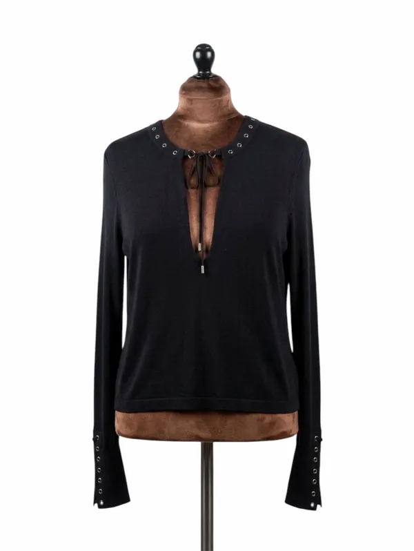 Free People Jump to The Beat Sz M Black Blouse Bell Sleeve Boho Grunge Top Lace Up - Image 2