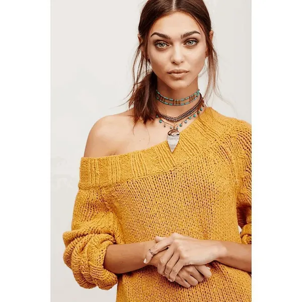 Free People Desert Sun Golden Yellow Beachy Slouch Chunky Sweater Large - Image 11