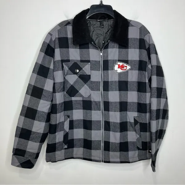 Kansas City Chiefs flannel‎ jacket black gray buffalo plaid women’s size large - Image 3