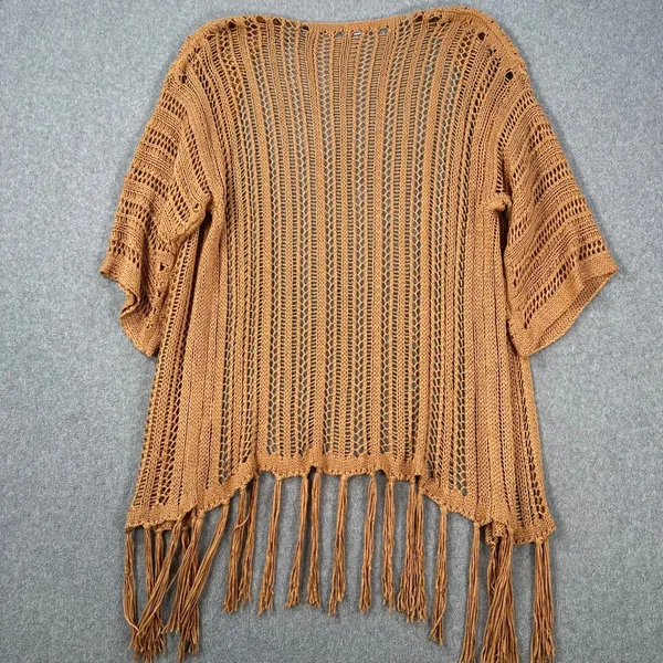 Easel Crochet Open Knit Duster Cardigan Small/Medium Brown Fringe Boho - Image 9