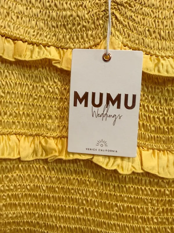 NWT Show Me‎ Your Mumu Stella Smocked MIDI Dress Yellow Luxe Satin Large - Image 6