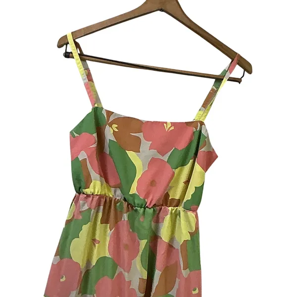 Floral Tiered Maxi Dress Pink‎ Yellow Green Smocked Back Pockets Sleeveless - Image 6