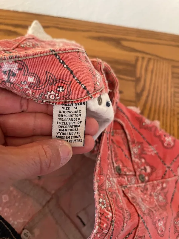 Vanilla Star Coral Red Bandana Print Denim Shorts with Lace Trim - Image 5