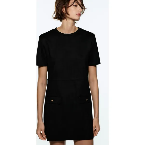Zara Black Faux Suede Round Neck Short Sleeve Casual Mini T-Shirt Dress Size M - Image 3