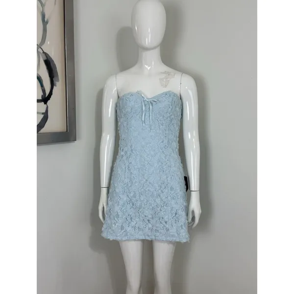 Lulus Light Blue Lace Mini Dress Strapless Backless 3D Floral Coquette NWT M - Image 3