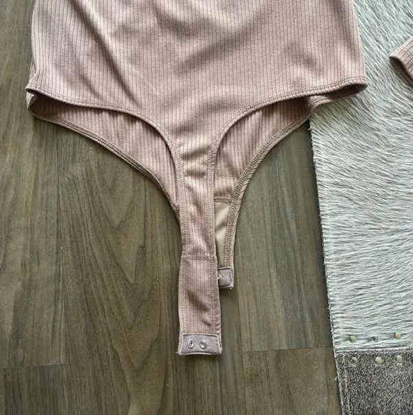 Privacy Please Bodysuit Tan Ribbed Long Sleeve Snap Front Top - Image 7